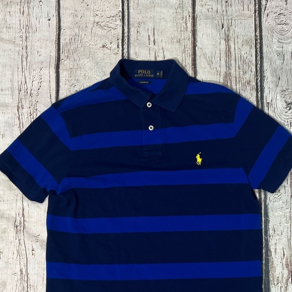 Polo Ralph Lauren Custom Fit Blue Striped Mens Short Sleeve Polo Golf Shirt - Picture 2 of 4